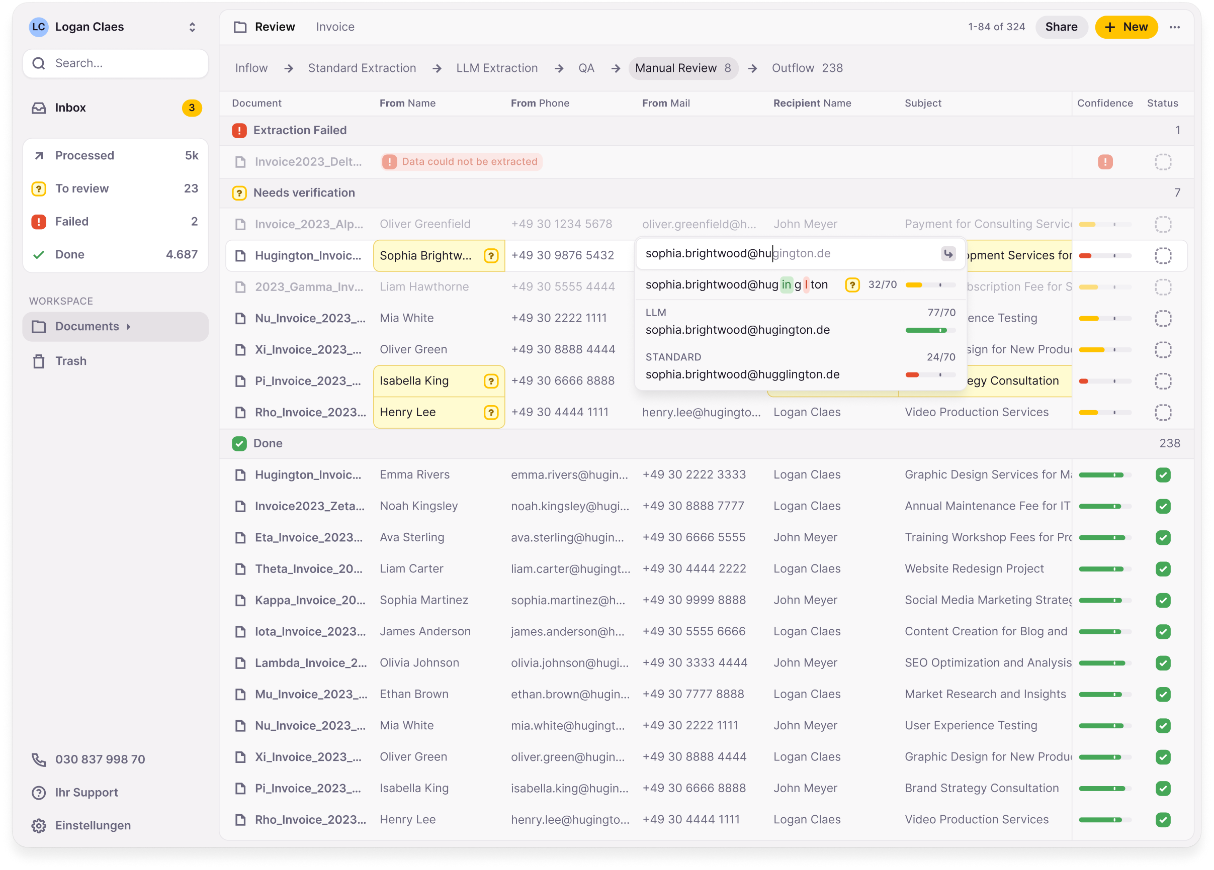 Invoice data extraction interface with confidence scoring and review pipeline