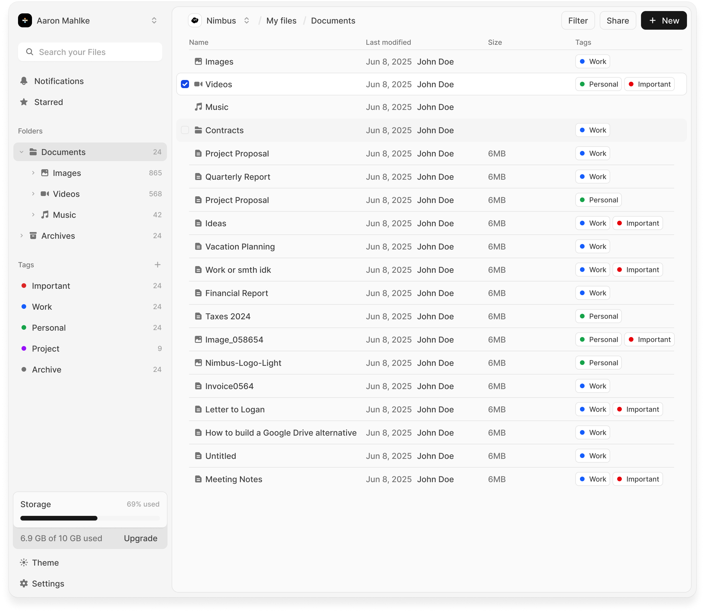 File manager with folders, tags, and document listing