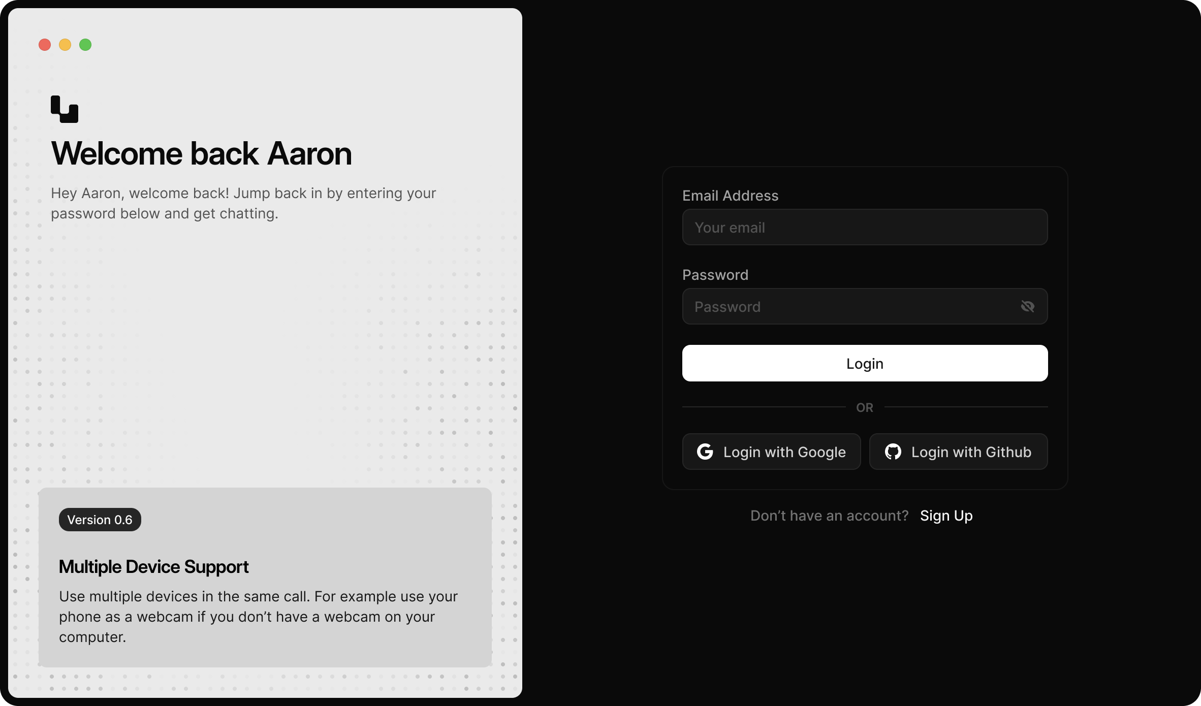 Login screen with welcome message and social authentication options