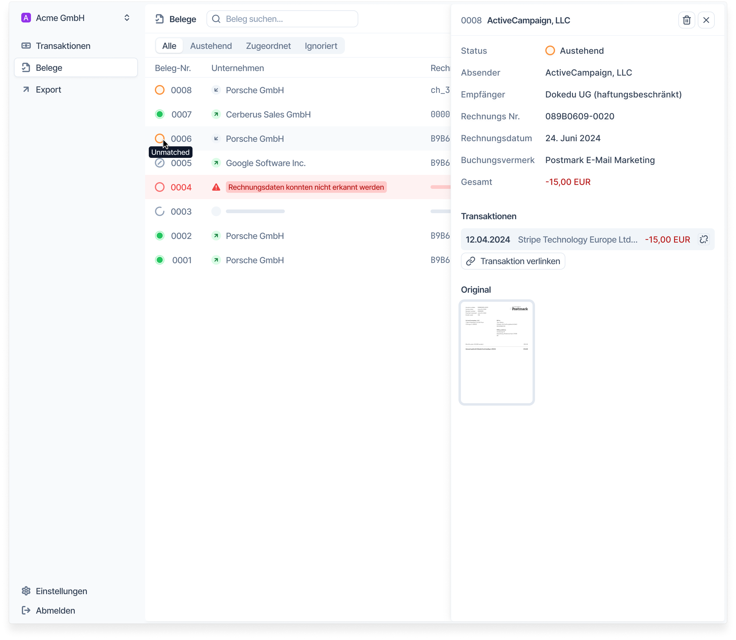 Receipt management detail view with transaction matching and original document preview